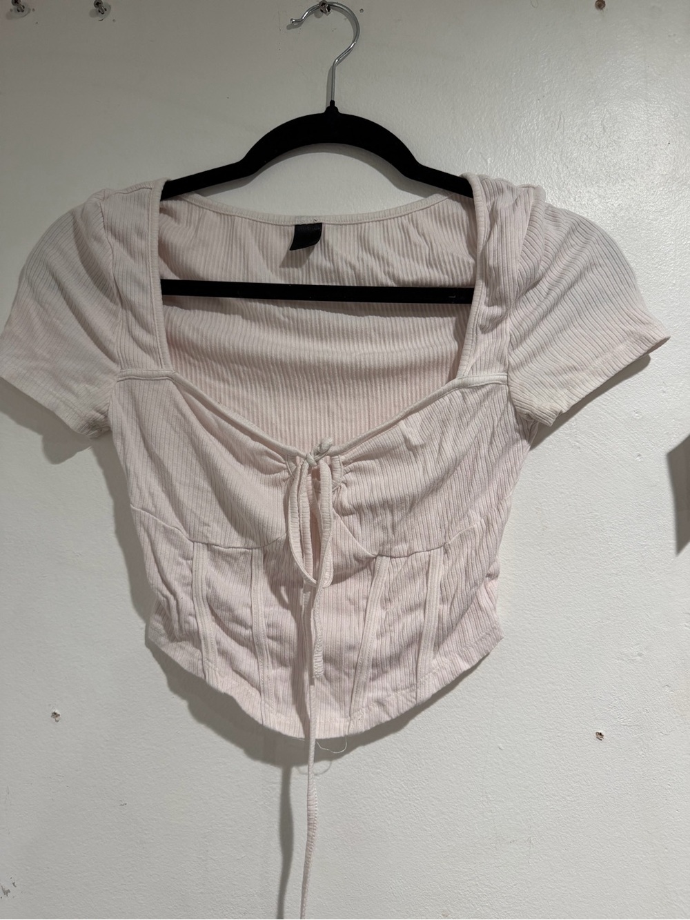 Ribbed Tie-Front Crop Top in Light Pink